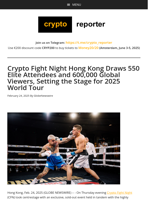 Crypto Fight Night Hong Kong Draws 550 Elite Attendees and 600,000 Global Viewers, Setting the Stage for 2025 World Tour