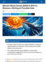 Bitcoin Whale Sends $20M in BTC to Binance, Hinting at Possible Sale - Crypto News Flash