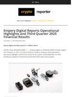 Empery Digital Reports Operational Highlights and Third Quarter 2025 Financial Results
