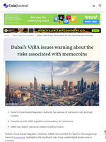 Dubai’s VARA issues warning about the risks associated with memecoins - CoinJournal