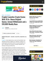 Frogbet Launches Crypto Casino With 70 In- House Original Games, Instant Withdrawals and a $10,000 Weekly Race