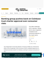 Banking group pushes back on Coinbase trust charter approval over consumer risks