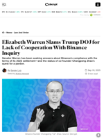 Elizabeth Warren Slams Trump DOJ for Lack of Cooperation With Binance Inquiry - Decrypt