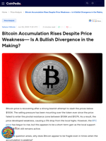 Bitcoin Accumulation Rises Despite Price Weakness— Is A Bullish Divergence in the Making?