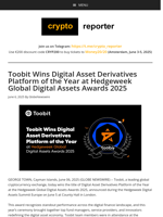 Toobit Wins Digital Asset Derivatives Platform of the Year at Hedgeweek Global Digital Assets Awards 2025