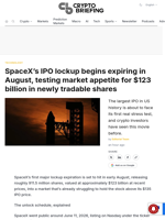 SpaceX's IPO lockup begins expiring in August, testing market appetite for $123 billion in newly tradable shares