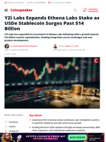 YZi Labs Expands Ethena Labs Stake as USDe Stablecoin Surges Past $14 Billion - Coinspeaker