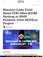 Binance Lists Yield Basis (YB) After $10M Airdrop to BNB Holders, 53rd HODLer Project
