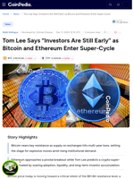 Tom Lee Says “Investors Are Still Early” as Bitcoin and Ethereum Enter Super-Cycle