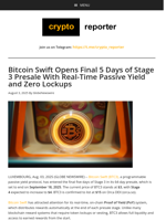 Bitcoin Swift Opens Final 5 Days of Stage 3 Presale With Real-Time Passive Yield and Zero Lockups