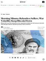 Morning Minute: Relentless Sellers, War Volatility Keep Bitcoin Down - Decrypt