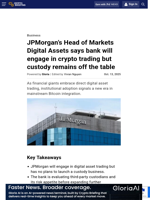 JPMorgan’s Head of Markets Digital Assets says bank will engage in crypto trading but custody remains off the table