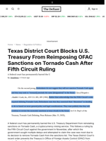 Texas District Court Blocks U.S. Treasury From Reimposing OFAC Sanctions on Tornado Cash After Fifth Circuit Ruling - 