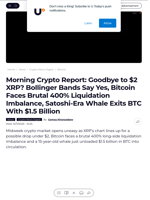 Morning Crypto Report: Goodbye to $2 XRP? Bollinger Bands Say Yes, Bitcoin Faces Brutal 400% Liquidation Imbalance, Satoshi-Era Whale Exits BTC With $1.5 Billion - U.Today