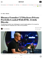 Binance Founder CZ Discloses Private Portfolio Loaded With BNB, A Little Bitcoin - Decrypt