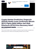 Crypto Market Prediction: Dogecoin (DOGE) Death Cross Confirmed, Bitcoin (BTC) Fights $500 Million Sell Wall, Ethereum (ETH) Price Recovery Here? - U.Today