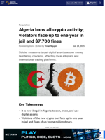 Algeria bans all crypto activity; violators face up to one year in jail and $7,700 fines