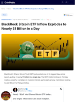 BlackRock Bitcoin ETF Inflow Explodes to Nearly $1 Billion in a Day