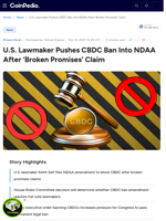 U.S. Lawmaker Pushes CBDC Ban Into NDAA After ‘Broken Promises’ Claim