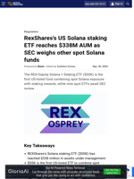 RexShares's US Solana staking ETF reaches $338M AUM as SEC weighs other spot Solana funds
