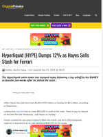 Hyperliquid (HYPE) Dumps 12% as Hayes Sells Stash for Ferrari