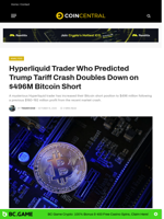 Hyperliquid Trader Who Predicted Trump Tariff Crash Doubles Down on $496M Bitcoin Short - CoinCentral