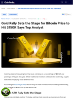 Gold Rally Sets the Stage for Bitcoin Price to Hit $150K Says Top Analyst