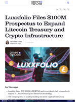 Luxxfolio Files $100M Prospectus to Expand Litecoin Treasury and Crypto Infrastructure