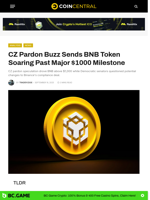 CZ Pardon Buzz Sends BNB Token Soaring Past Major $1000 Milestone - CoinCentral