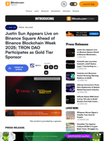 Justin Sun Appears Live on Binance Square Ahead of Binance Blockchain Week 2025; TRON DAO Participates as Gold Tier Sponsor – Press release Bitcoin News