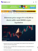 Ethereum price surges 6% to $2,800 as shorts suffer amid $500M crypto liquidation - CoinJournal