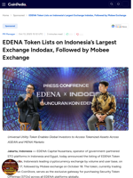 EDENA Token Lists on Indonesia's Largest Exchange Indodax, Followed by Mobee Exchange