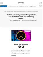 Durham University Research Paper Calls XRP a “Radical Form of Commodity Money”