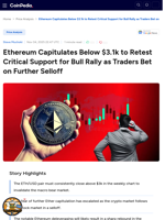 Ethereum Capitulates Below $3.1k to Retest Critical Support for Bull Rally as Traders Bet on Further Selloff