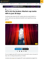 NFT Market Cap Drops 46% in 30 Days as Blue-Chip Prices Plunge