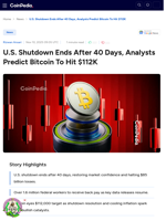 U.S. Shutdown Ends After 40 Days, Analysts Predict Bitcoin To Hit $112K