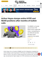 Arthur Hayes dumps entire HYPE and NEAR positions after months of bullish calls