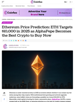 Ethereum Price Prediction: ETH Targets $10,000 in 2025 as AlphaPepe Becomes the Best Crypto to Buy Now - Coinfea