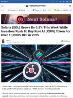 Solana (SOL) Grows By 5.5% This Week While Investors Rush To
Buy Ruvi AI (RUVI) Token For Over 10,000% ROI in 2025