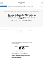 Cardano Ambassador: ADA Listing on CME Marks Its Strongest Institutional Validation