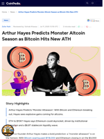 Arthur Hayes Predicts Monster Altcoin Season as Bitcoin Hits New ATH