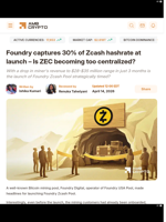 Foundry captures 30% of Zcash hashrate at launch – Is ZEC becoming too centralized? - AMBCrypto