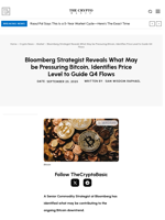 Bloomberg Strategist Reveals What May be Pressuring Bitcoin, Identifies Price Level to Guide Q4 Flows