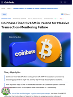 Coinbase Fined €21.5M in Ireland for Massive Transaction-Monitoring Failure