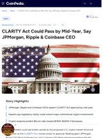 CLARITY Act Could Pass by Mid-Year, Say JPMorgan, Ripple & Coinbase CEO