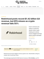 Robinhood posts record $1.42 billion Q3 revenue, but EPS misses as crypto revenue falls 55%