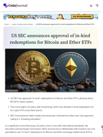 US SEC announces approval of in-kind redemptions for Bitcoin and Ether ETFs - CoinJournal