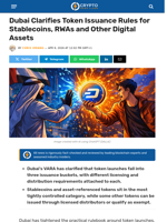 Dubai Clarifies Token Issuance Rules for Stablecoins, RWAs and Other Digital Assets