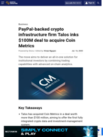 PayPal-backed crypto infrastructure firm Talos inks $100M deal to acquire Coin Metrics