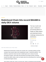 Robinhood Chain hits record $944M in daily DEX volume